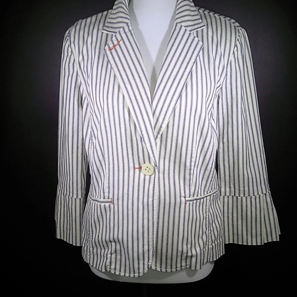 Gorgeous Vintage cabi Spring 2008 Nautical Navy & White Ticking Blazer - Picture 4 of 13